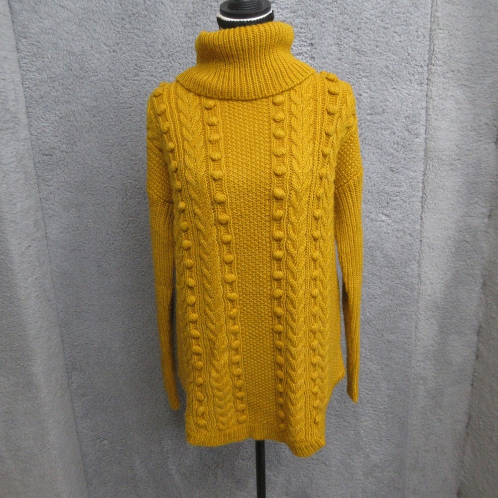 Talbots Cable Knit Bobble Sweater Women M Mustard Wool Blend Turtleneck Chunky